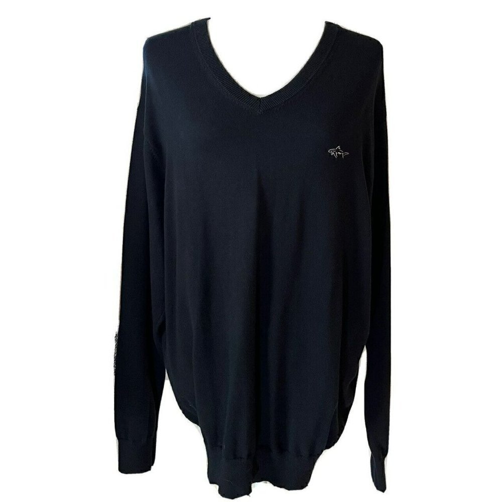 Greg Norman Mens Sweater Top Cotton XL Black V-Neck Shark Pullover Golf Classic